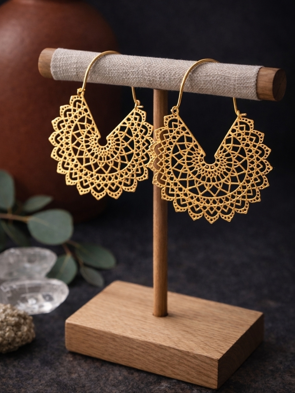 Solid Brass Mandala Lotus Hoop Earrings Gold Filigree Bohemian Statement 2"